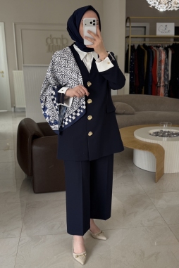 Lacivert EŞARPLI KOL DÜĞMELİ TAKIM