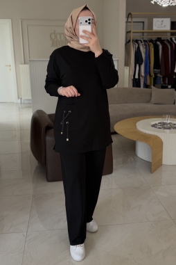 Nuss Siyah Cepleri İp Detaylı Pantolonlu 1094 Takım