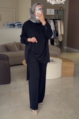 Lacivert Büzgü Detaylı Gümüş Düğmeli Takım