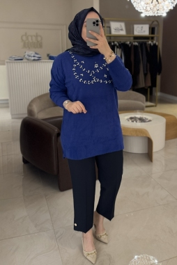 Saks Mavisi Angora Göğüs  Üstü Taşlı Tunik 7002