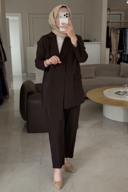 Kahverengi Yaka Detaylı Blazer Ceket Pantolonlu Takım 5085