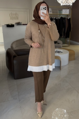 Camel Kolyeli Pilise Detaylı Tunik