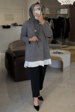 Gri KOLYELİ PİLİSE DETAYLI TUNİK