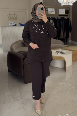 Kahverengi Angora Göğüs  Üstü Taşlı Tunik 7002
