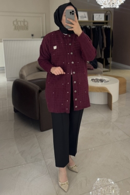 Bordo ANGORA ŞERİT TAŞ DETAY HIRKA 7010