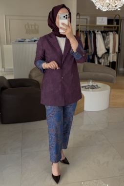 Bordo Denim Kombinli Pantolonlu Takım