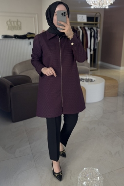 Bordo Kabartmalı Fermuarlı Ceket