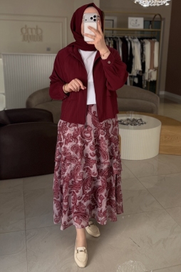 Bordo Eteği Desenli Ceket Takım