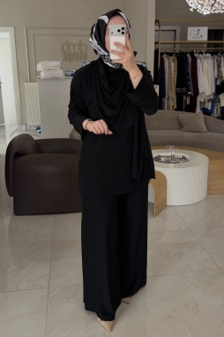 Siyah ŞAL DETAYLI TUNİK PANTOLONLU TAKIM 5070