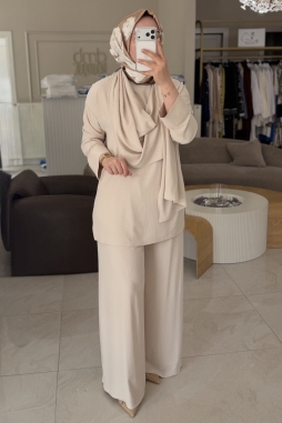 Bej Şal Detaylı Tunik Pantolonlu Takım 5070