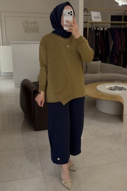 Yağ Yeşili ÖRGÜ DETAYLI RAYON TUNİK