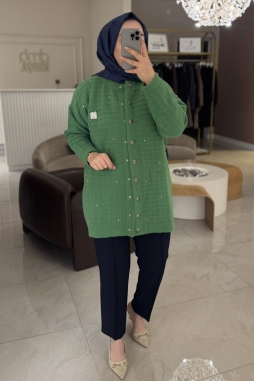 Yeşil Angora Şerit Taş Detay Hırka 7010