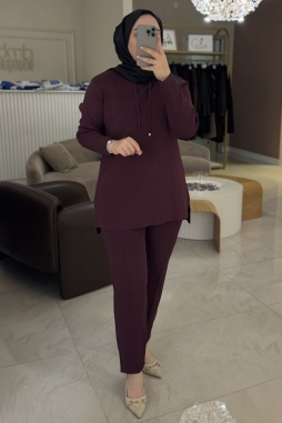 Bordo BROŞLU PANTOLONLU TRİKO TAKIM 1353