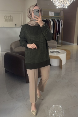 Sentez Grup Camel Nervürlü Beli Lastikli Pantolon