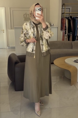 Haki Batik Bomber Ceketli Elbise