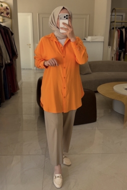 Orange Saten Yüzlü Oversize Gömlek