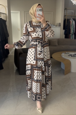 Ekru Elegante Puantiye Elbise