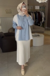 Tıg Trıko Mavi Çizgi Desen Kumaş Mixli Taşlı Tunik