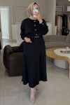 Jenne Premium Siyah Aller Kemerli Saten Elbise