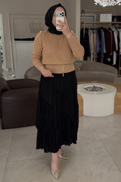 Ghisa Camel Omzu Düğmeli Fermuar Detaylı Bluz