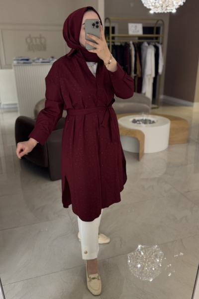 Merwish Bordo Shine Uzun Gömlek