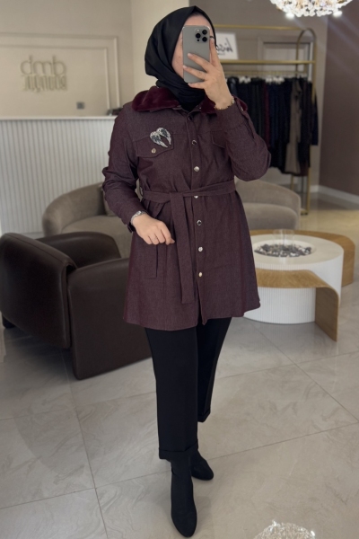 Selinada Bordo 4205 Bordo Kürk Detay Kap