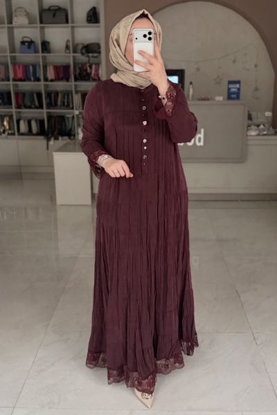 Lıssmore Bordo Kolu Ve Eteği Dantel Detaylı Elbise