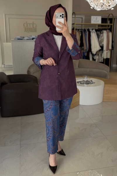 Tıg Trıko Bordo Denim Kombinli Pantolonlu Takım