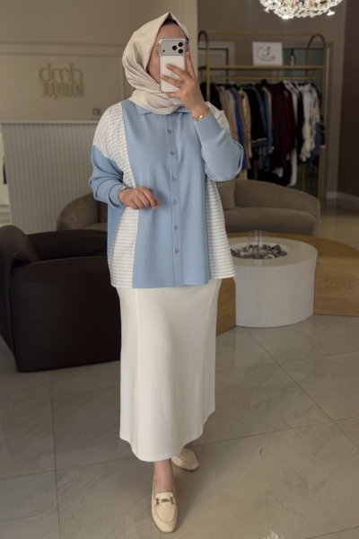 Tıg Trıko Mavi Çizgi Desen Kumaş Mixli Taşlı Tunik
