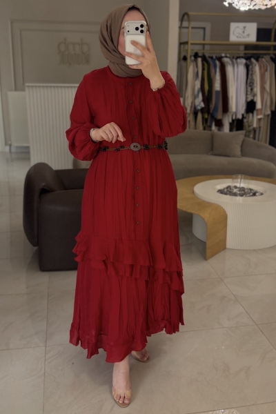 Lıssmore Bordo Katlı Kolyeli  Elbise