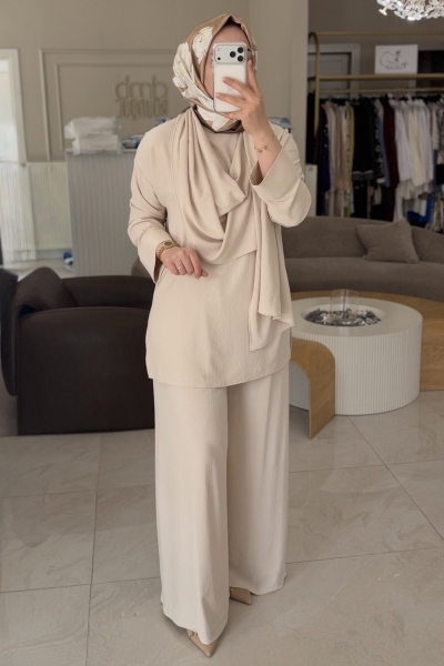 Tıg Trıko Bej Şal Detaylı Tunik Pantolonlu Takım 5070