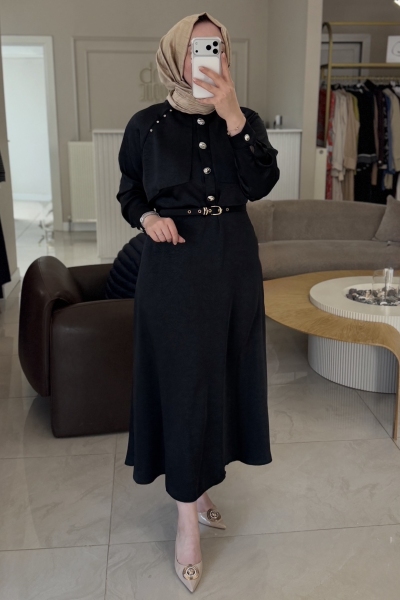 Jenne Premium Siyah Aller Kemerli Saten Elbise