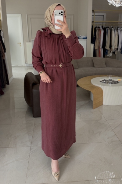 Nuss Bordo Sim Şeritli Kemerli Elbise 2028