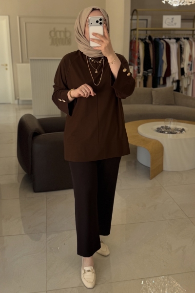 Tıg Trıko Kahverengi Manşet Aksesuarlı Tunik