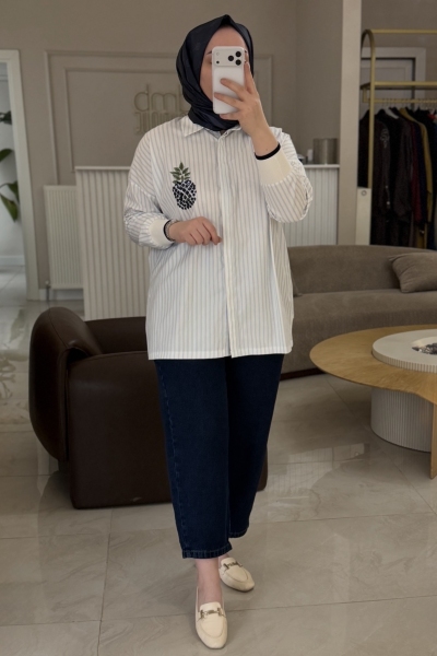 Tıg Trıko Lacivert Triko Ribana Detaylı Çizgili Gömlek